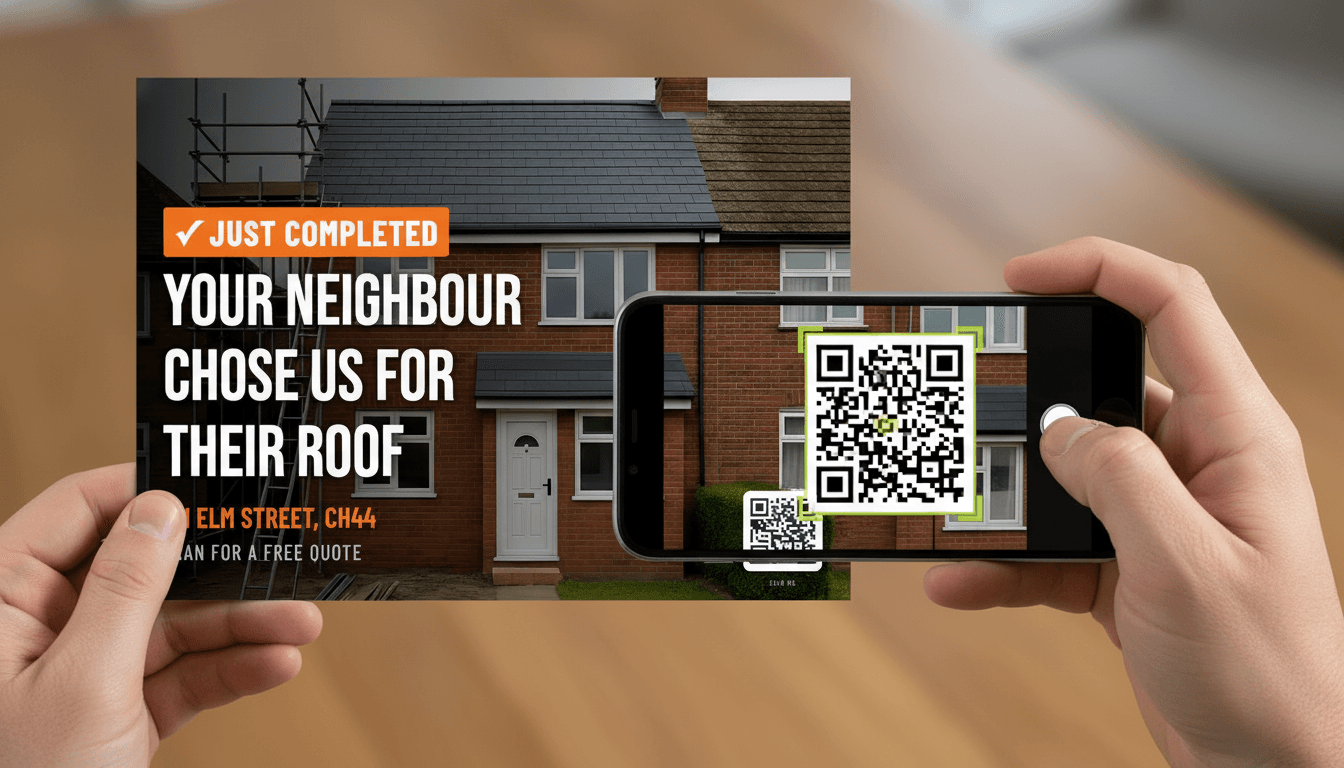 Postcard with QR code being scanned by a phone