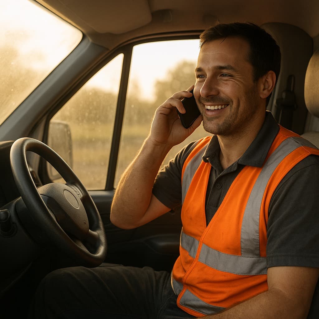 Tradesman answering phone in his van, smiling
