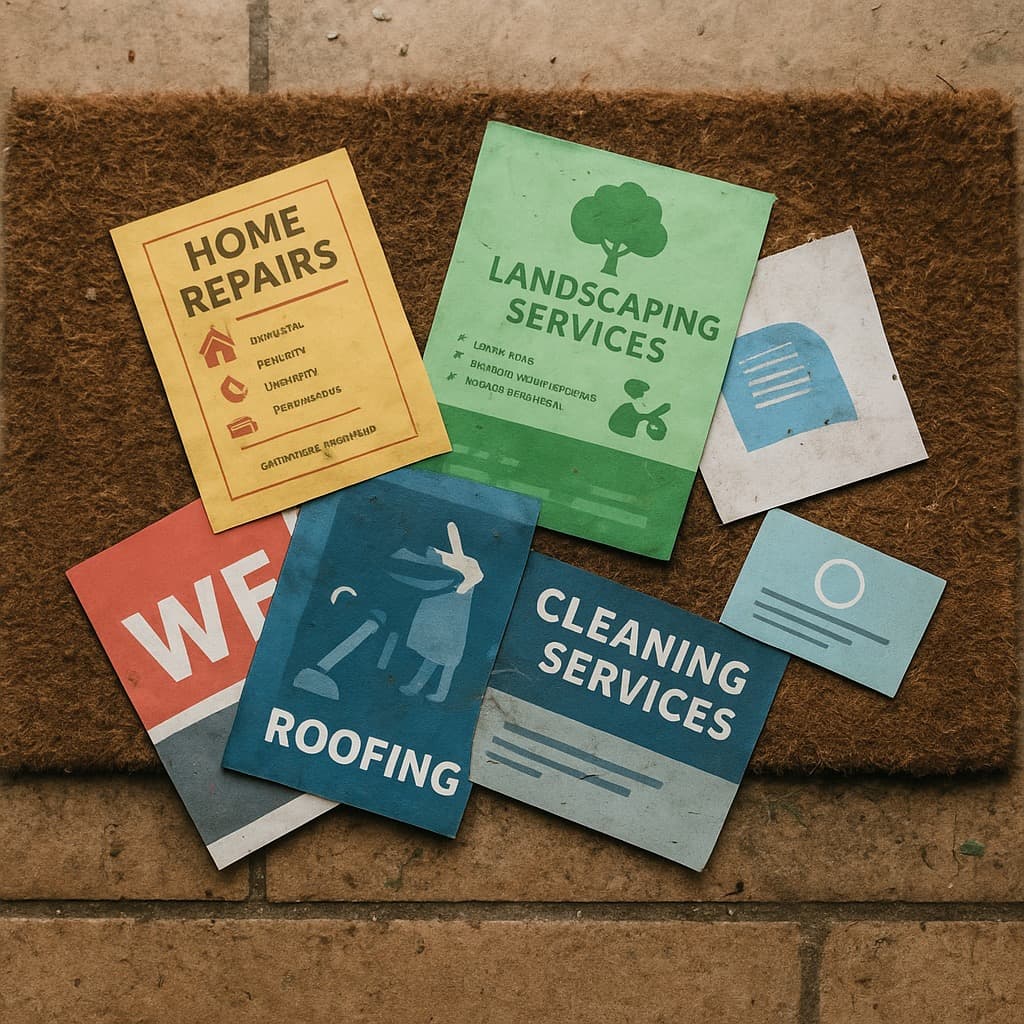 Doormat covered in competing trade flyers