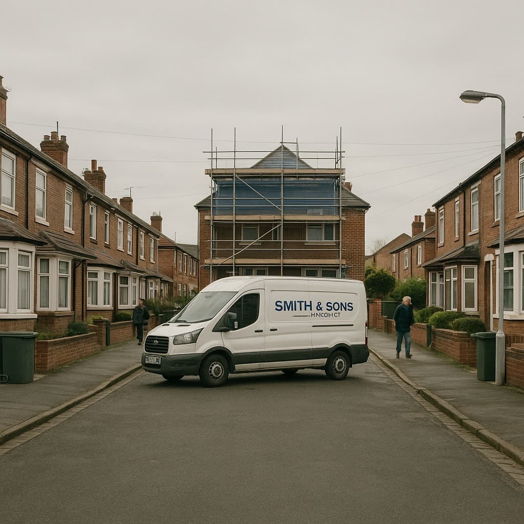 Trade van and scaffolding on a UK residential street